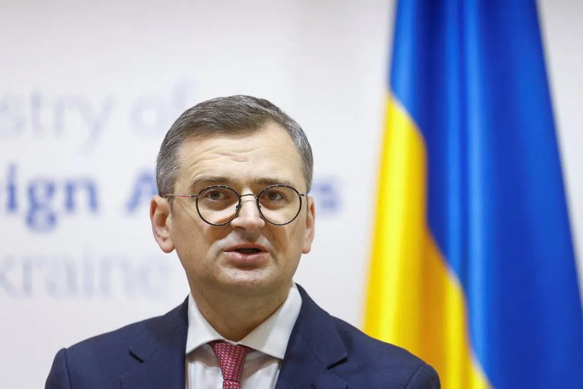 Ukrainian Foreign Minister Dmytro Kuleba speaks during a joint press conference with Canadian counterpart Melanie Joly, amid Russia's attack on Ukraine, in Kyiv, Ukraine February 2, 2024. REUTERS/Valentyn Ogirenko/File Photo