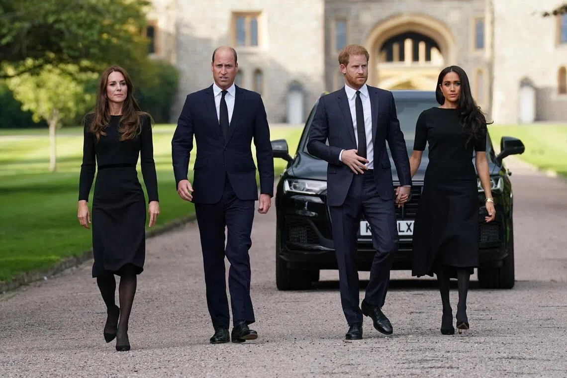 (From L to R) Britain’s Catherine, Princess of Wales, Britain’s Prince William, Prince of Wales, Britain’s Prince Harry, Duke of Sussex, and Meghan, Duchess of Sussex on the long Walk at Windsor Castle.