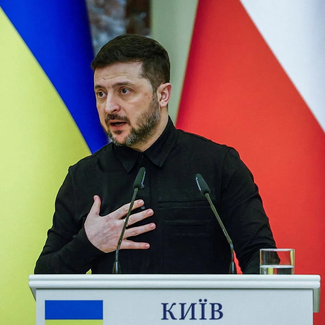 Ukrainian President Volodymyr Zelenskiy speaks during a joint press conference with Polish Prime Minister Donald Tusk (not pictured), amid Russia's attack on Ukraine, in Kyiv, Ukraine February 5, 2026. REUTERS/Alina Smutko