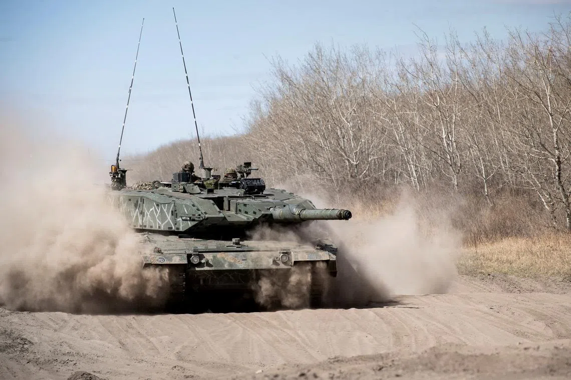 FILE PHOTO: A Leopard tank from Lord Strathcona's Horse (Royal Canadians) is taken out after undergoing maintenance in preparation for Exercise MAPLE RESOLVE at 3rd Canadian Division Support Base Detachment Wainwright, Alberta, Canada, April 30, 2021. Cpl Rachael Allen/Canadian Forces Combat Camera/Canadian Armed Forces Photo/Handout via REUTERS/File Photo
