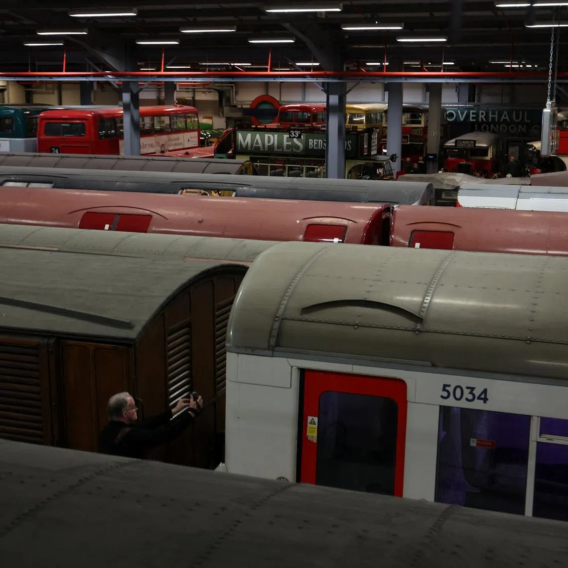 Disused London Underground trains on display at the London Transport Museum’s Depot on April 10. Strikes are being planned by train network staff this week.