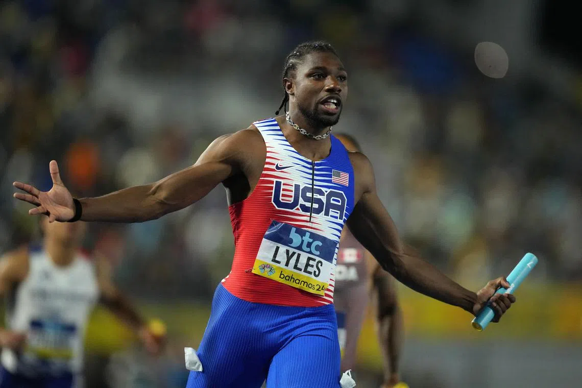 Noah Lyles celebrating after running the anchor leg on the United States 4x100m relay team that won in 37.40 seconds during the World Athletics Relays at Thomas A. Robinson National Stadium in Nassau, the Bahamas, on May 5. However, he lost the 100m final at the Racer Grand Prix meet in Kingston to Oblique Seville on June 1.