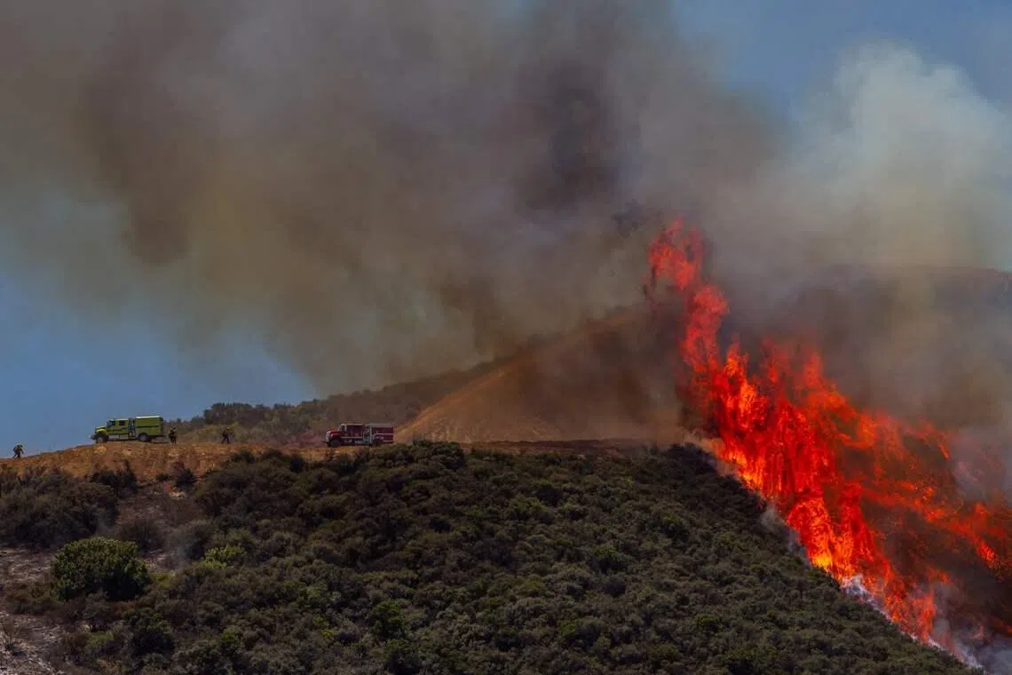 TOPSHOT - Firefighters combats a hotspot in the hills while the Sandy fire continues to burn in the hills near a residential area in Simi Valley, California, on May 20, 2026. The Sandy Fire broke out May 18 in the suburbs of Los Angeles, spreading rapidly and prompting authorities to issue evacuation orders for thousands of residents. The blaze broke out late morning in Simi Valley, a city of around 125,000 residents about 40 miles (60 kilometers) northwest of downtown Los Angeles. (Photo by Apu GOMES / AFP)