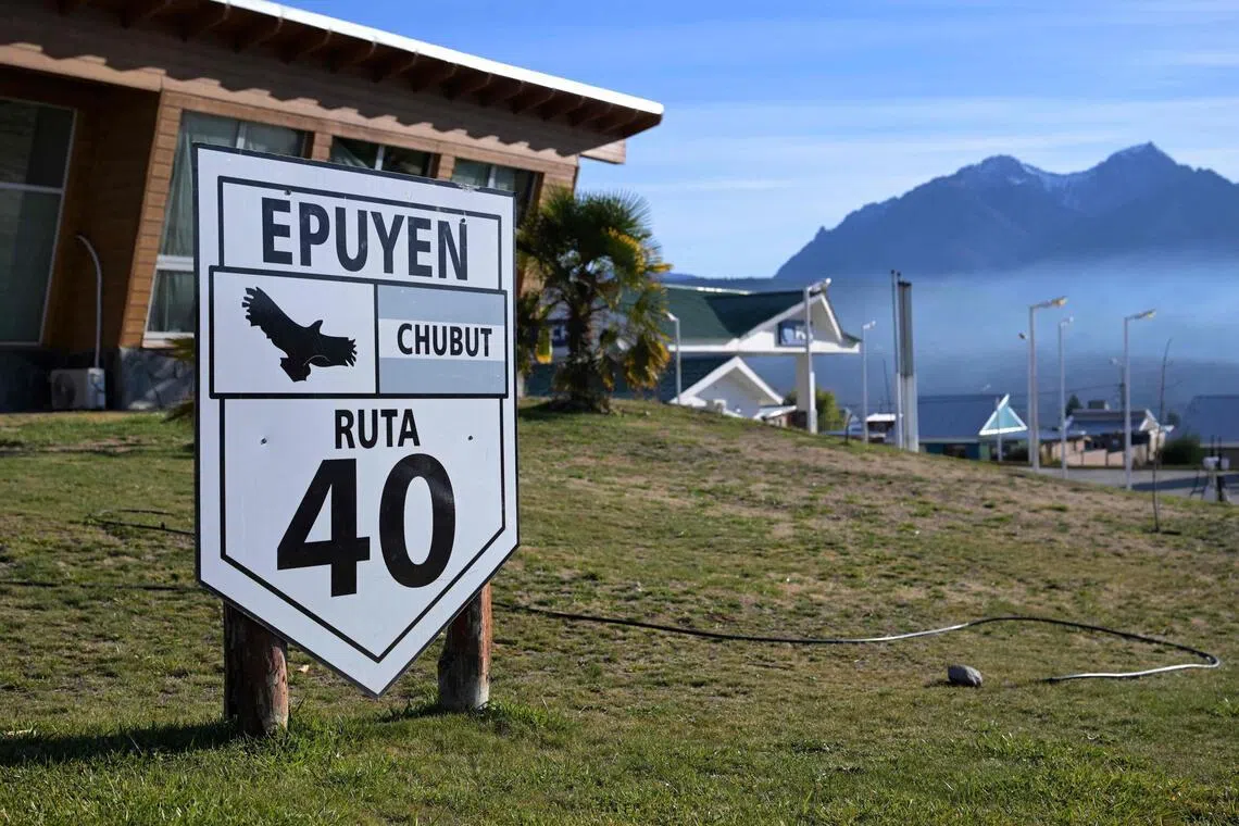 A sign is seen at the entrance of the village of Epuyen, in Chubut province, Argentina, on May 9.