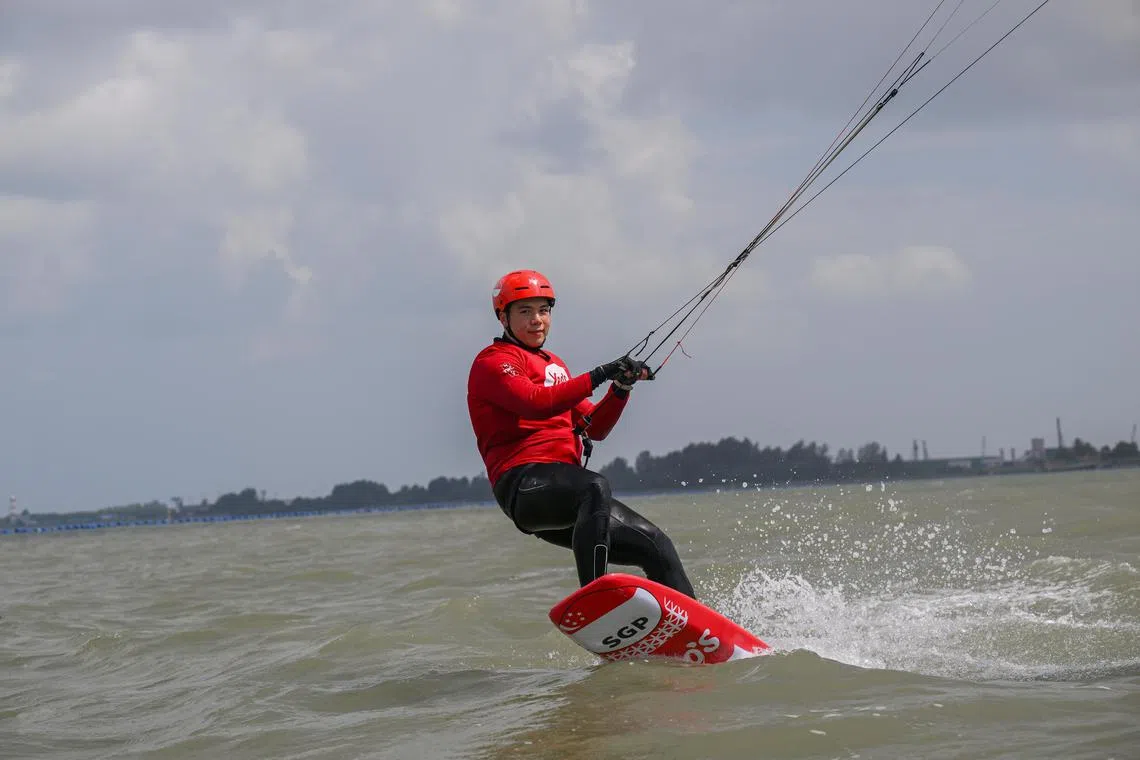 ST20240226_202411092833/kkaoty/Shintaro Tay/Kimberly Kwek/ Kitefoiler Maximilian Maeder shot in the waters at Changi Beach on Feb 26, 2024. Maeder is one of the nominees for the 2024 Straits Times Athlete of the Year award.