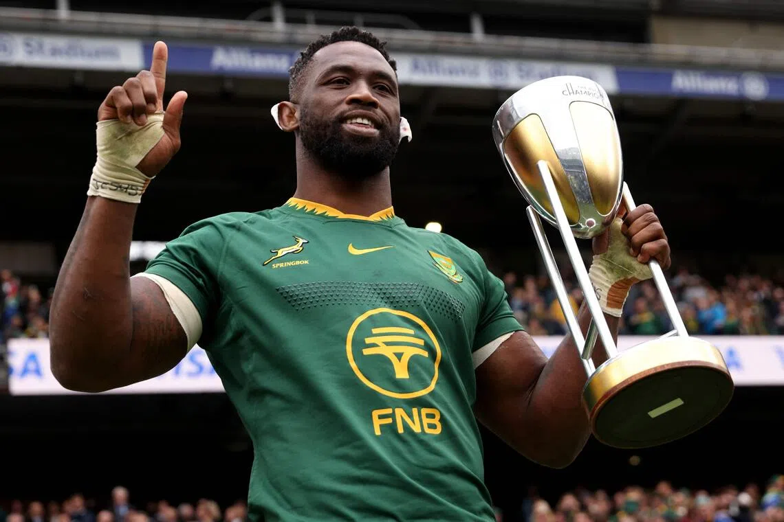 South Africa's Siya Kolisi lifting the Rugby Championship trophy after the Springboks beat Argentina 29-27 at Twickenham on Oct 4.