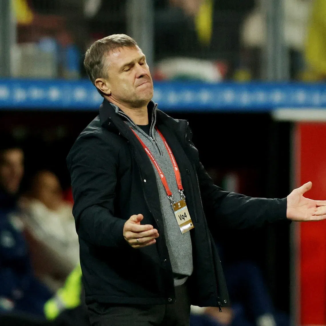 FILE PHOTO: Soccer Football - Euro 2024 Qualifier - Group C - Ukraine v Italy - BayArena, Leverkusen, Germany - November 20, 2023 Ukraine coach Serhiy Rebrov reacts REUTERS/Thilo Schmuelgen/File Photo