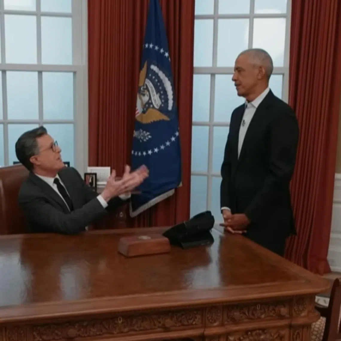 Stephen Colbert’s interview with Mr Barack Obama was filmed in early April at Mr Obama’s soon-to-open presidential centre on the South Side of Chicago.