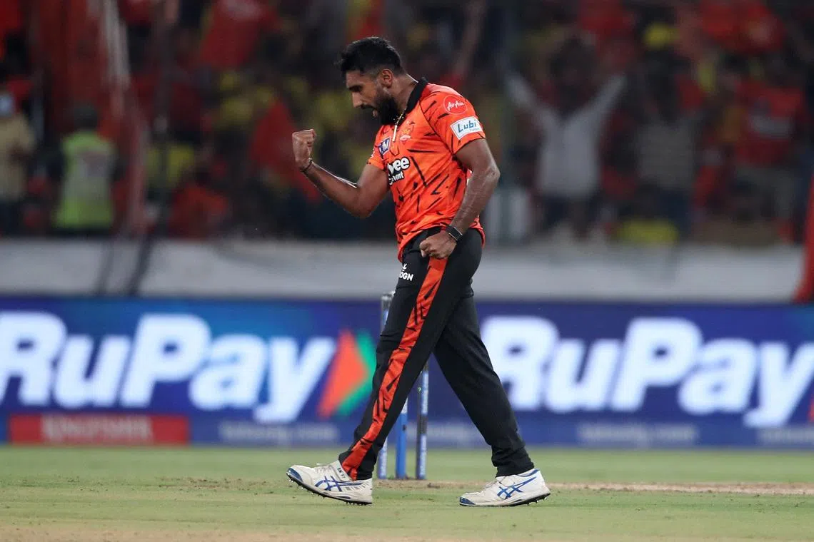 Cricket - Indian Premier League - IPL - Sunrisers Hyderabad v Chennai Super Kings - Rajiv Gandhi International Cricket Stadium, Hyderabad, India - April 18, 2026 Sunrisers Hyderabad's Eshan Malinga celebrates after taking the wicket of Chennai Super Kings' Sarfaraz Khan REUTERS/Stringer