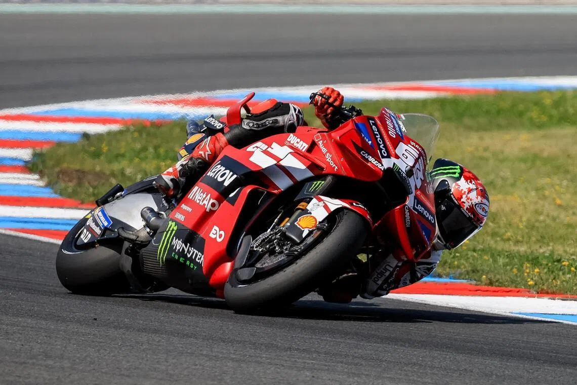 Italian MotoGP rider Francesco Bagnaia of Ducati Lenovo Team in the sprint race at the Motorcycling Grand Prix of the Czech Republic at Masaryk circuit in Brno on June 20, 2026.