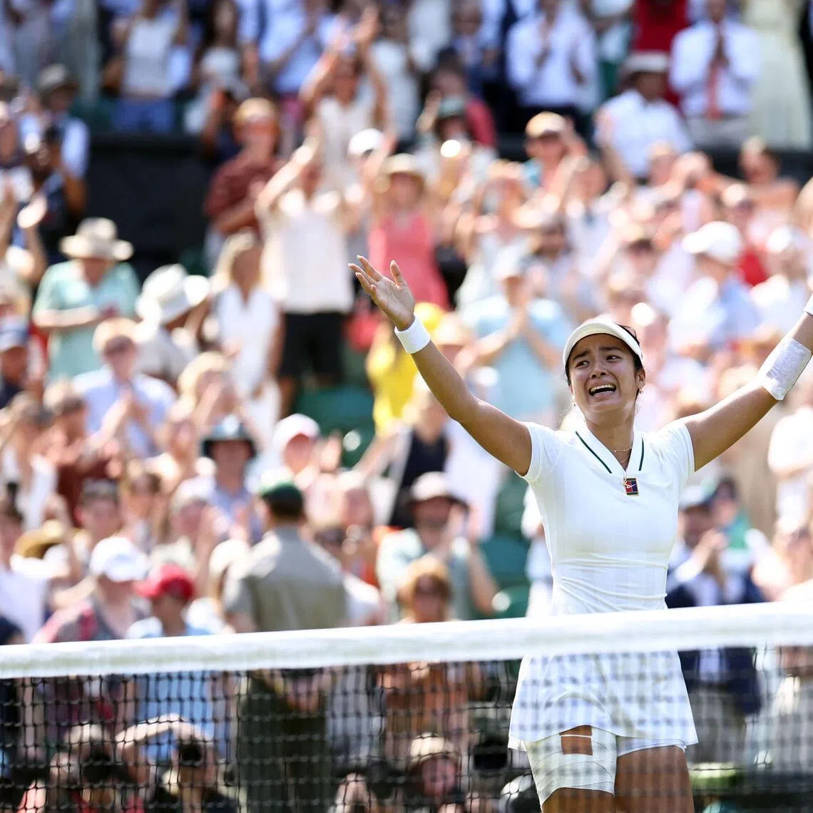 Philippines' Alexandra Eala celebrates beating Poland's Iga Swiatek during their women's singles third round tennis match on the sixth day of the 2026 Wimbledon Championships at The All England Lawn Tennis and Croquet Club in Wimbledon, southwest London, on July 4, 2026. (Photo by Henry NICHOLLS / AFP) / RESTRICTED TO EDITORIAL USE