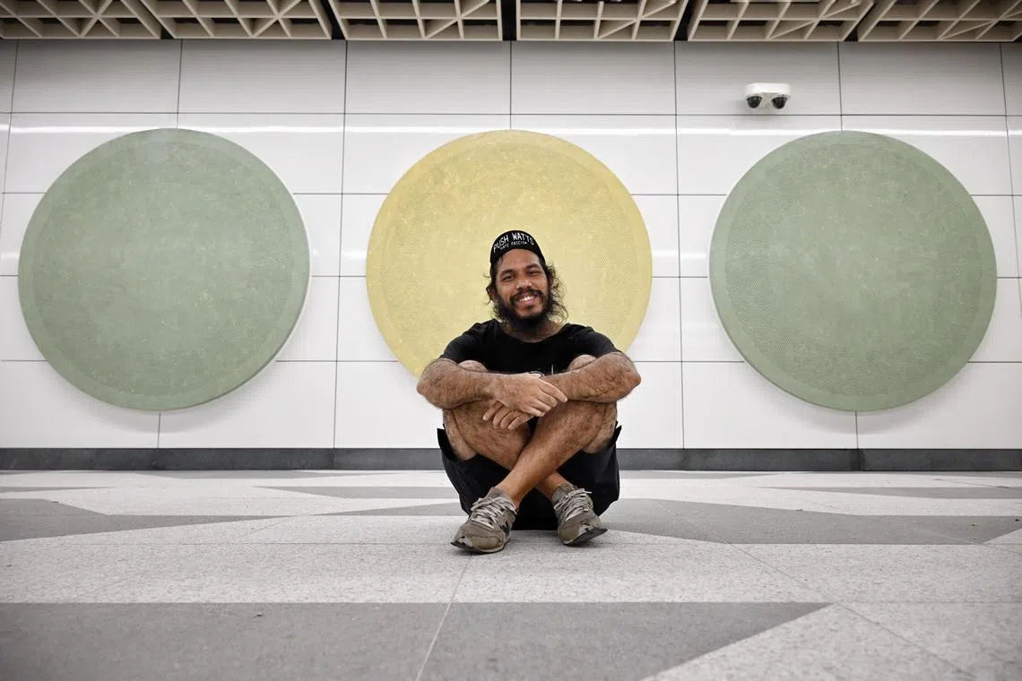 NOTE: Embargoed until May 4, 2024, 1800hrs.
ST20240502_202479945841 Kua Chee Siong/ eltel02/
Artist, Bani Haykal with his artwork 'Telinga Ekologi Kita’ (our ecology’s ears) at the Tanjong Rhu station on May 2, 2024.
A special media preview of seven Thomson-East Coast Line Stage 4 stations on May 2, 2024, ahead of the opening on June 23, 2024.
LTA explains the architectural features and the unique Art In Transit installations for each station. Some of the artists will also be present to share about their artwork.