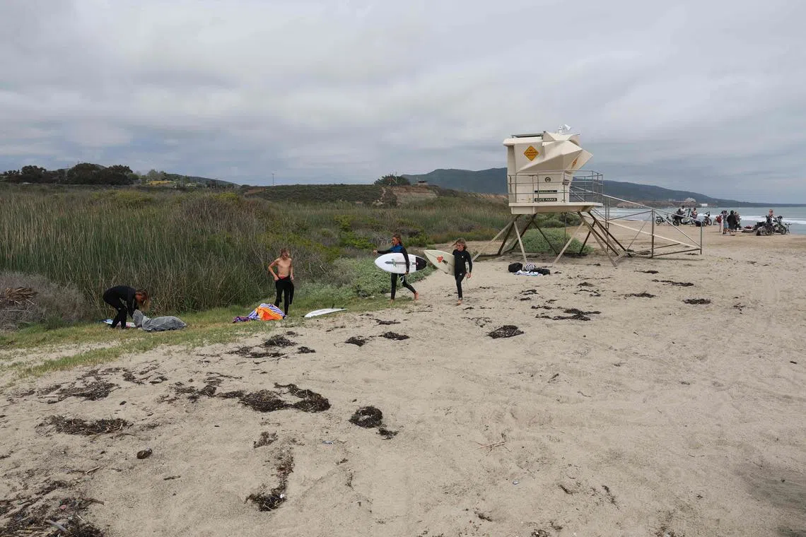 Surfers prepare to enter the Pacific Ocean at Trestles on San Onofre State Beach ahead of the 2028 Olympics.
