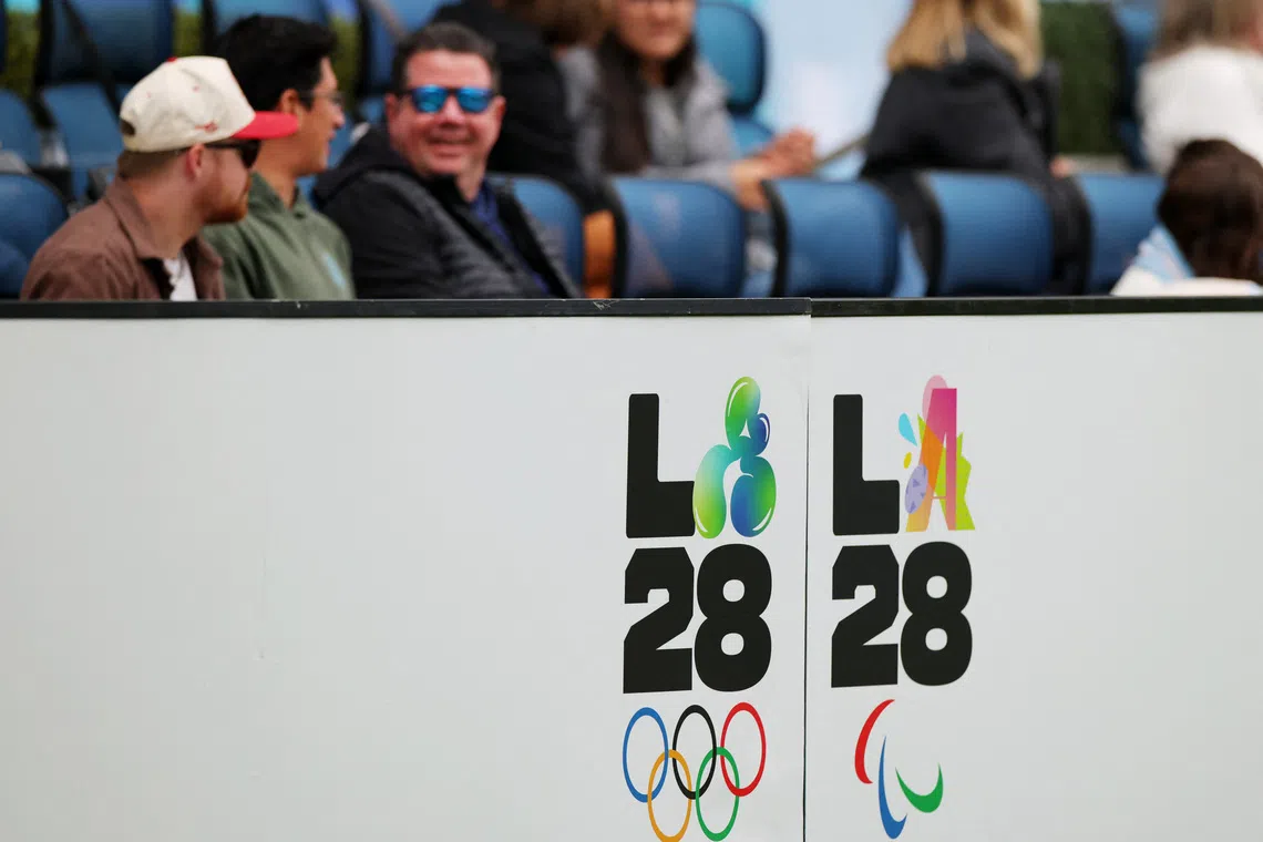 Rugby Union - HSBC Sevens - Rugby Sevens World Championship - Dignity Health Sports Park, Los Angeles, California, United States - May 4, 2025 General view of signage for the Los Angeles 2028 Olympic and Paralympic Games inside the stadium REUTERS/Daniel Cole