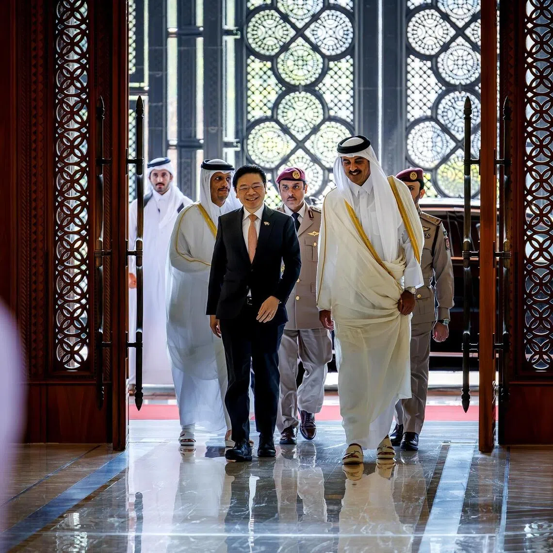 Prime Minister Lawrence Wong met with Qatar’s Emir Sheikh Tamim bin Hamad Al Thani at the Amiri Diwan in Doha on Oct 19.