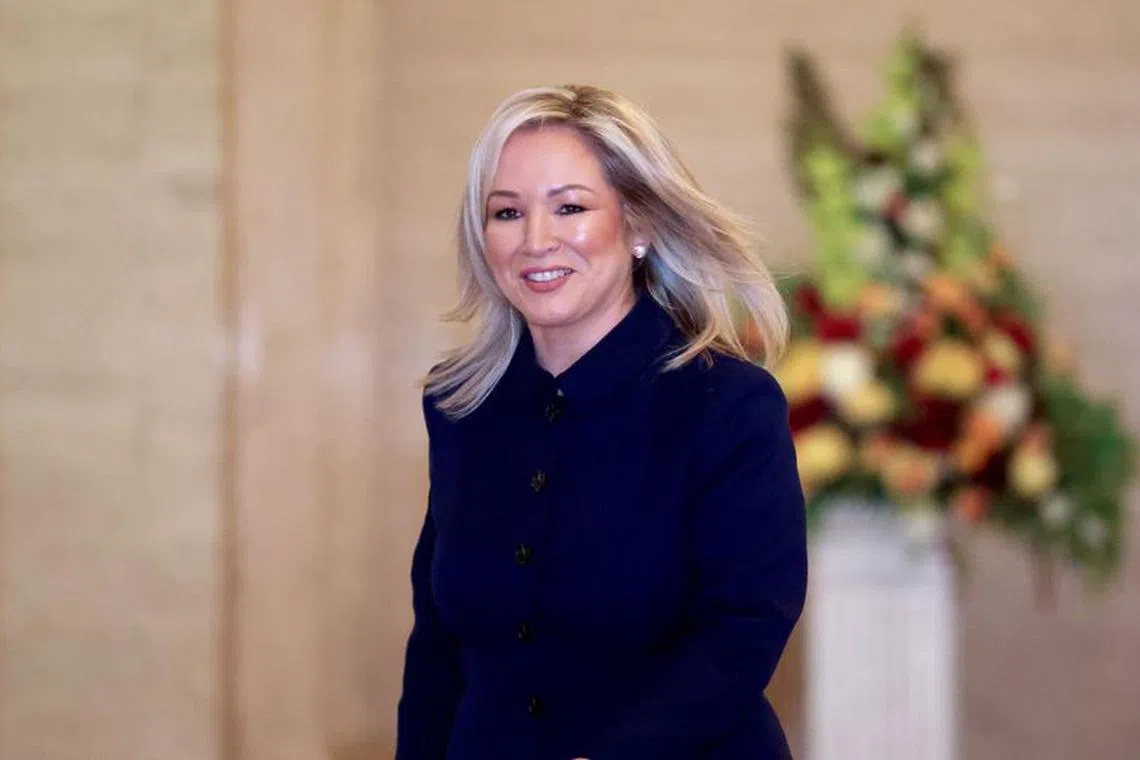 Sinn Fein Party vice president Michelle O'Neill walks at the Stormont Parliament Buildings on the day Northern Ireland lawmakers elect the Irish First Minister, in Belfast, Northern Ireland, February 3, 2024. REUTERS/Suzanne Plunkett/File Photo