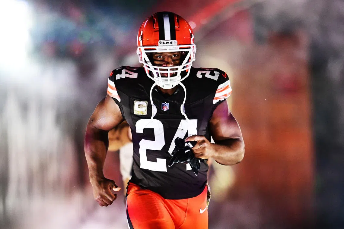 Nov 21, 2024; Cleveland, Ohio, USA; Cleveland Browns running back Nick Chubb (24) is introduced before the game between the Browns and the Pittsburgh Steelers at Huntington Bank Field. Mandatory Credit: Ken Blaze-Imagn Images/ File Photo