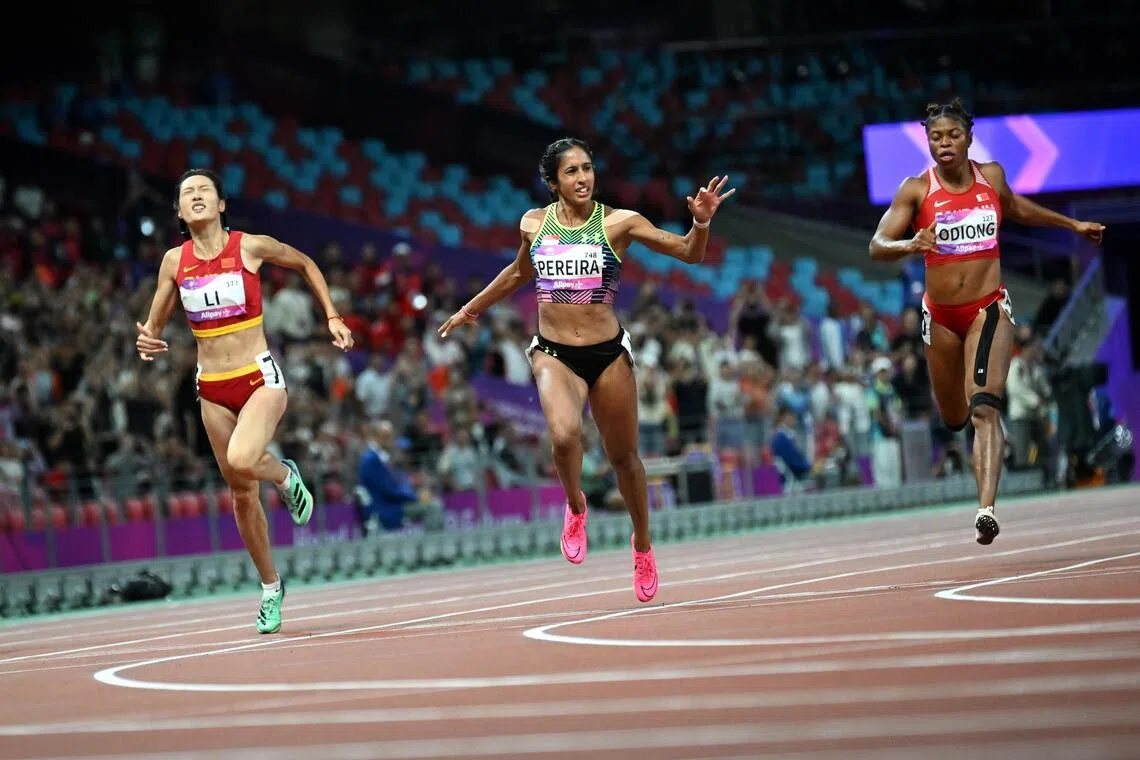 Shanti Pereira (middle) ended Singapore’s 49-year wait for an athletics gold medal when she won the 200m event in 2023.
