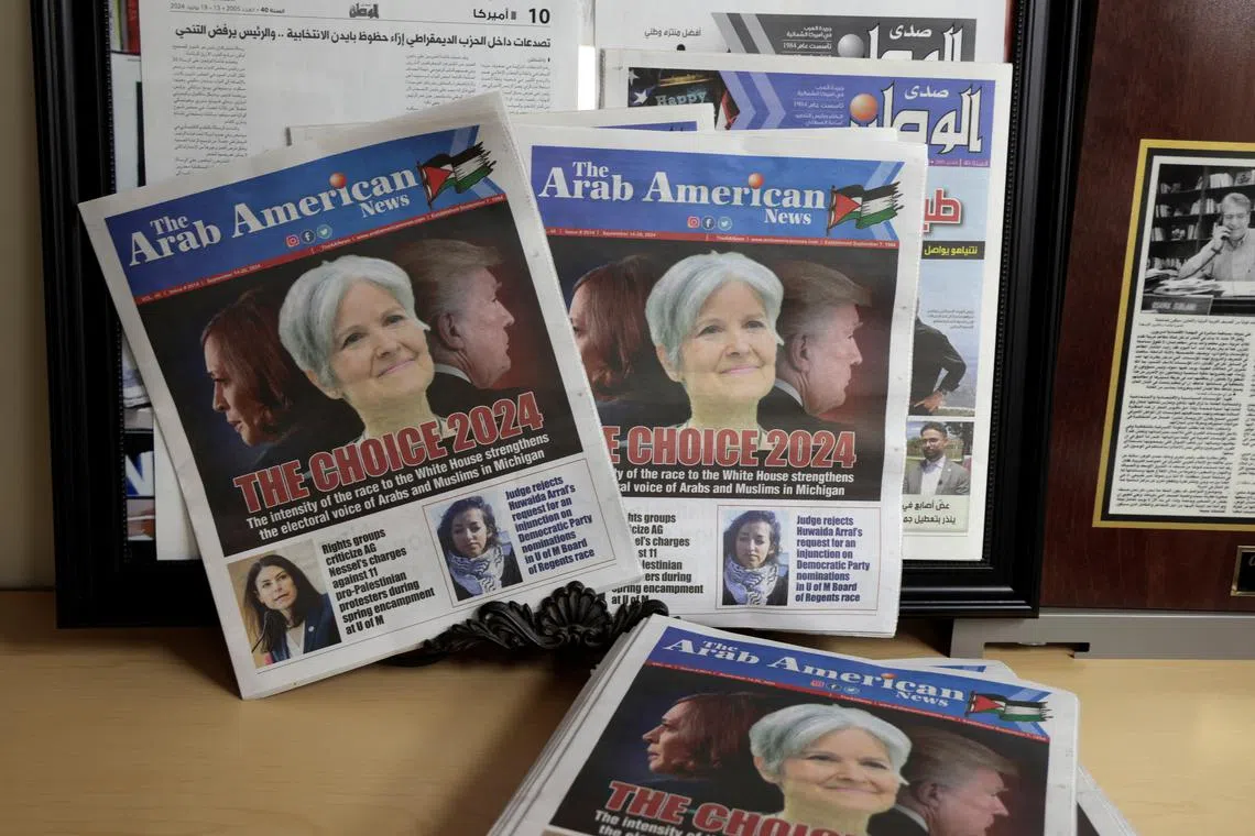 The front cover of the Arab American News with the lead story of  ‘the electoral voice of Arabs and Muslims in Michigan’ is seen in the newspaper's office in Dearborn, Michigan U.S., September 18, 2024.  REUTERS/Rebecca Cook