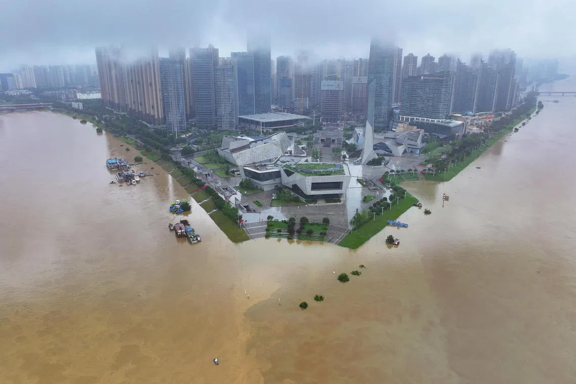 A flooded riverside sightseeing area in Changsha, central China's Hunan Province on June 26.