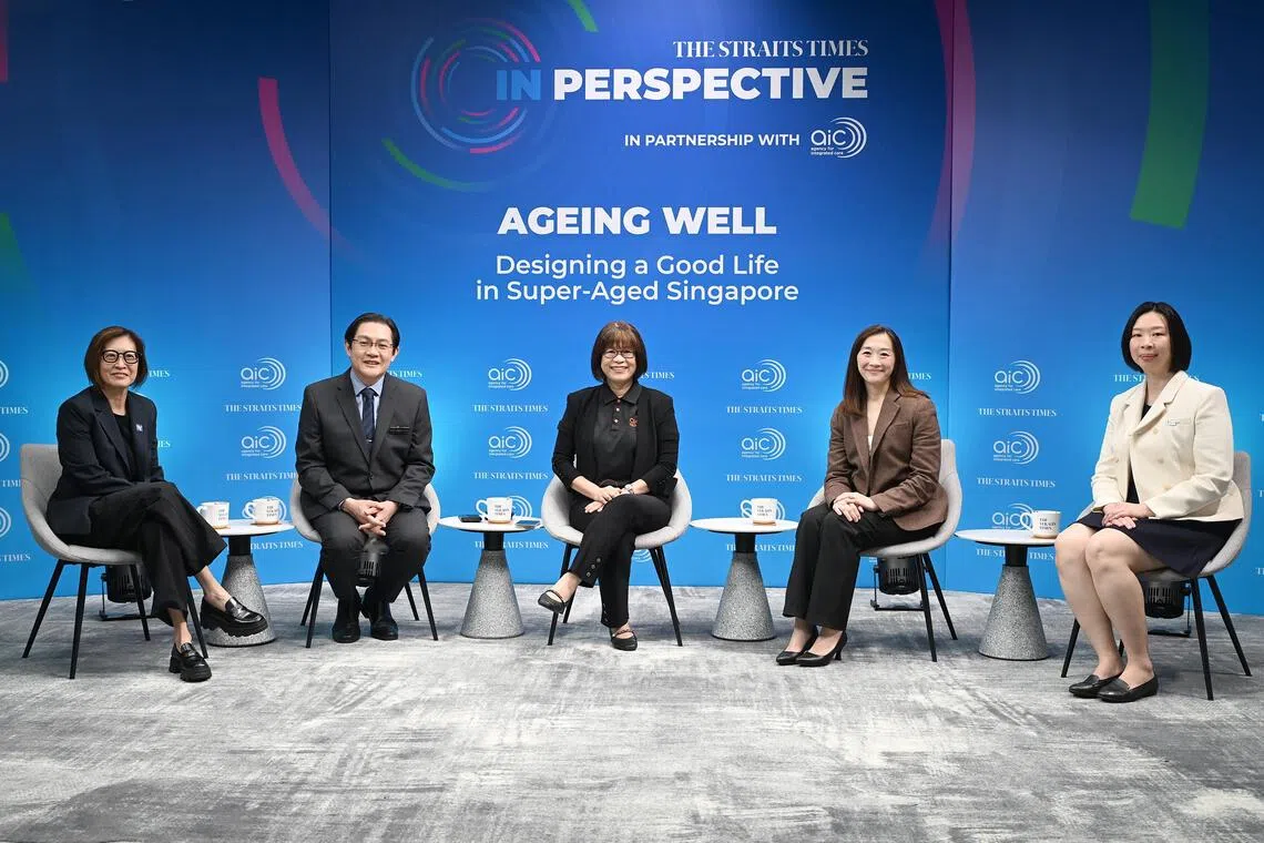 (From left) ST senior health correspondent Joyce Teo, CGH senior consultant in geriatric medicine associate professor Samuel Chew, AIC chief of active ageing division Soh Swee Ping, HPB director of the physical activity and healthy ageing division Rachel Ngo and TTSH senior consultant in geriatric medicine Lim Jun Pei on Oct 6.