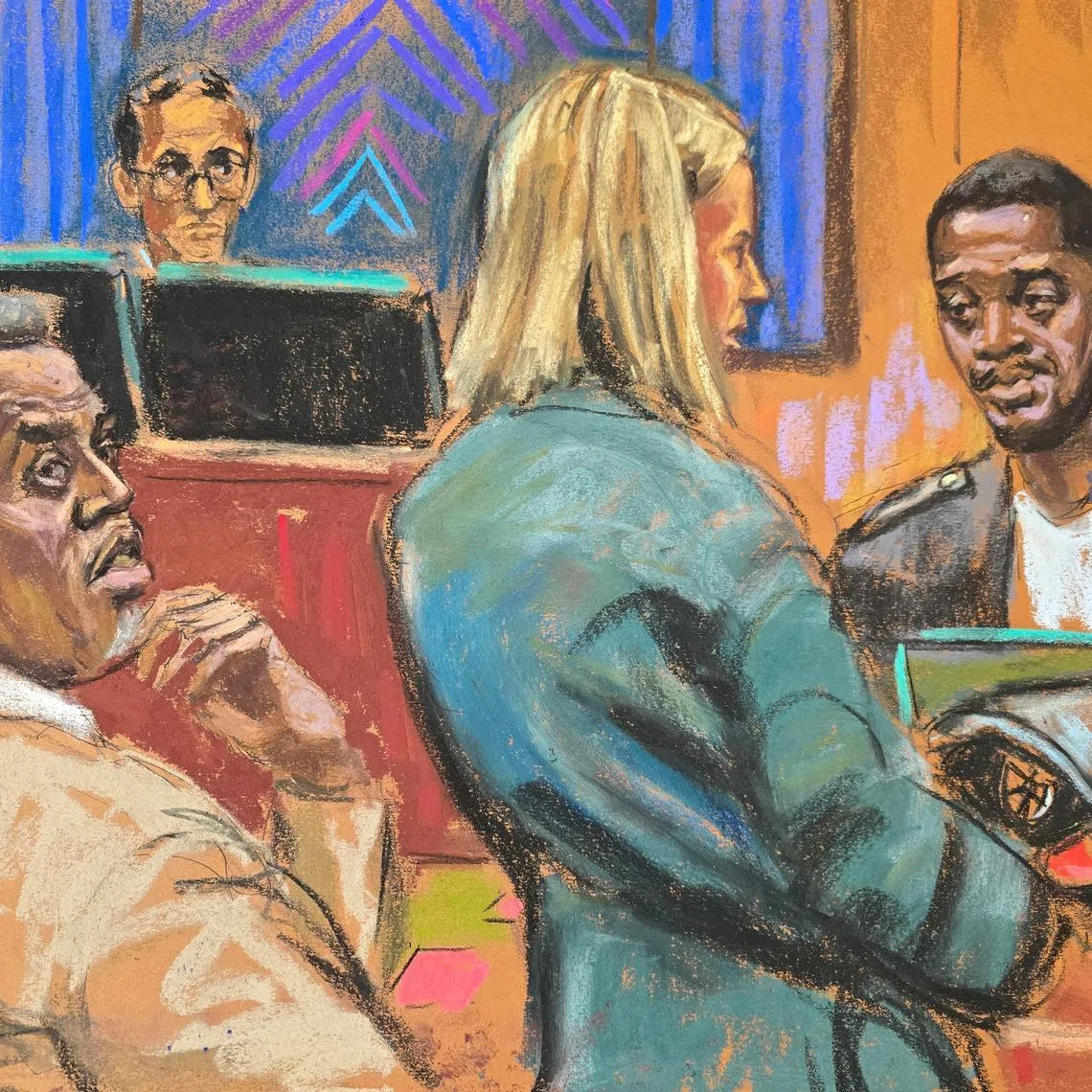 Prosecutor Emily Johnson questions rapper Kid Cudi as he testifies at Sean \"Diddy\" Combs' sex trafficking trial in New York City, New York, U.S., May 22, 2025 in this courtroom sketch. REUTERS/Jane Rosenberg/File Photo