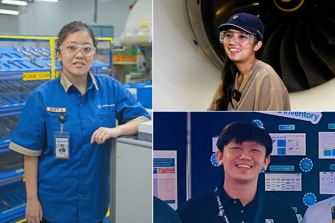 (clockwise from left) Ms Kwa Shu Ting, Ms Nurul Humairrak Abdullah and Mr Teoh Jeng Wei have built successful careers in Singapore's thriving aerospace sector. 