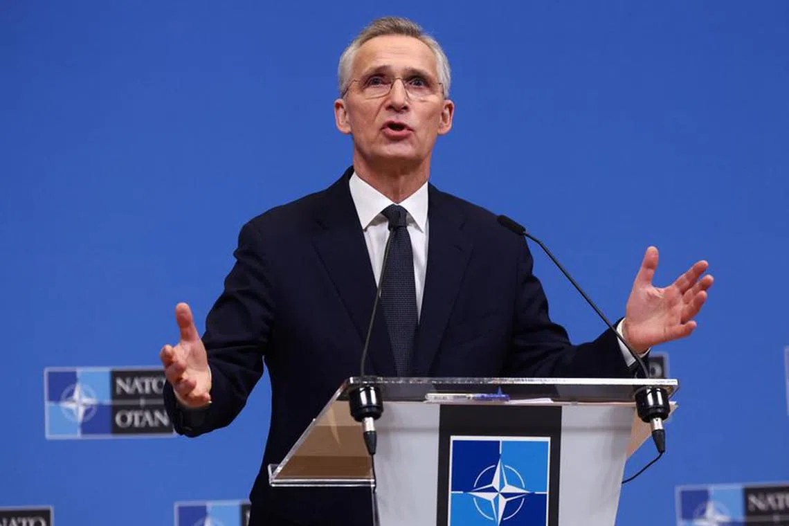 NATO Secretary General Jens Stoltenberg gestures as he holds a press conference ahead of NATO Defence Ministers' meeting at the Alliance's headquarters in Brussels, Belgium February 14, 2024. REUTERS/Yves Herman