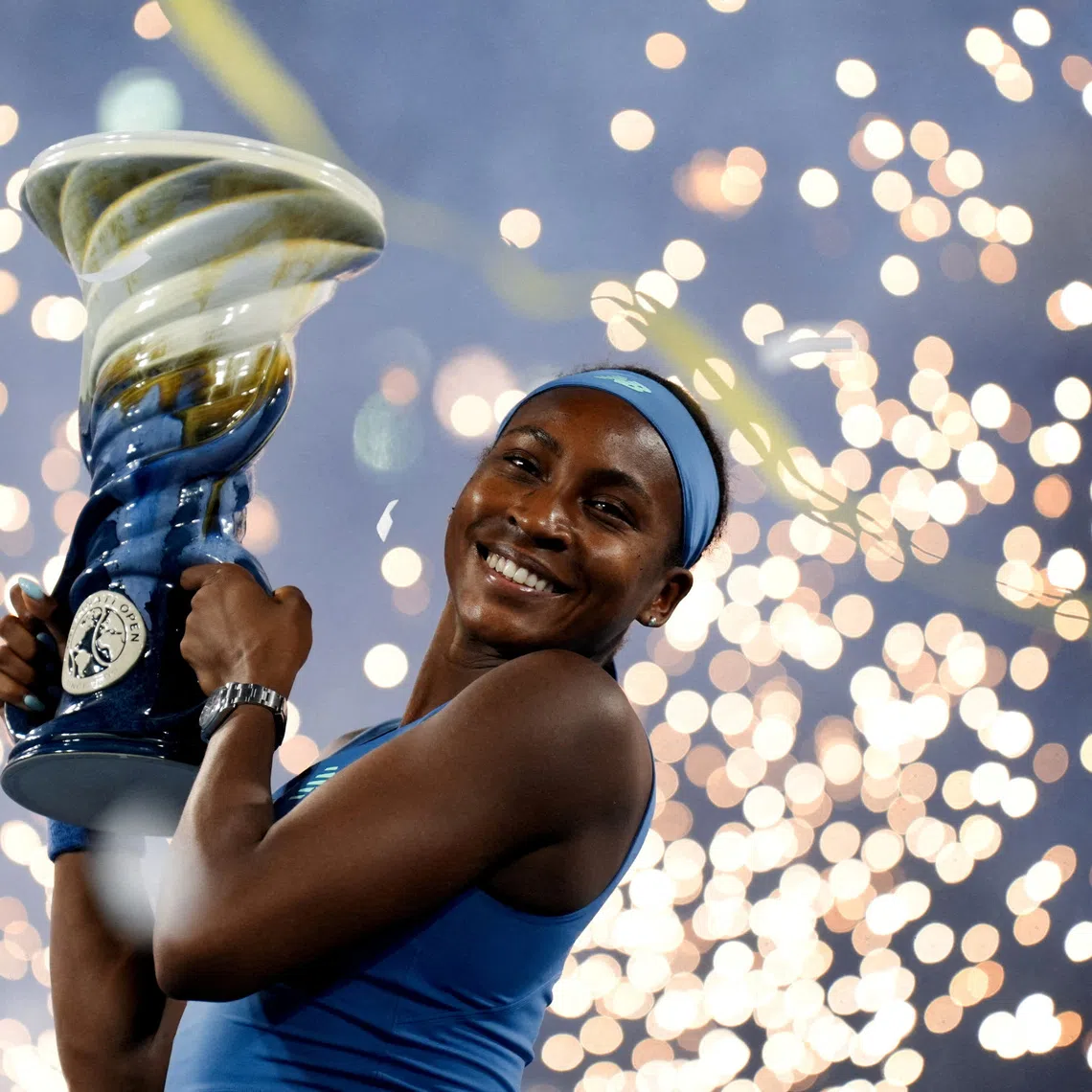FILE PHOTO: Aug 23, 2026; Cincinnati, OH, USA;  Coco Gauff (USA) celebrates with the Rookwood Cup after defeating Jessica Pegula (USA) during the finals of the Cincinnati Open at Lindner Family Tennis Center. Mandatory Credit: Aaron Doster-Imagn Images/File Photo