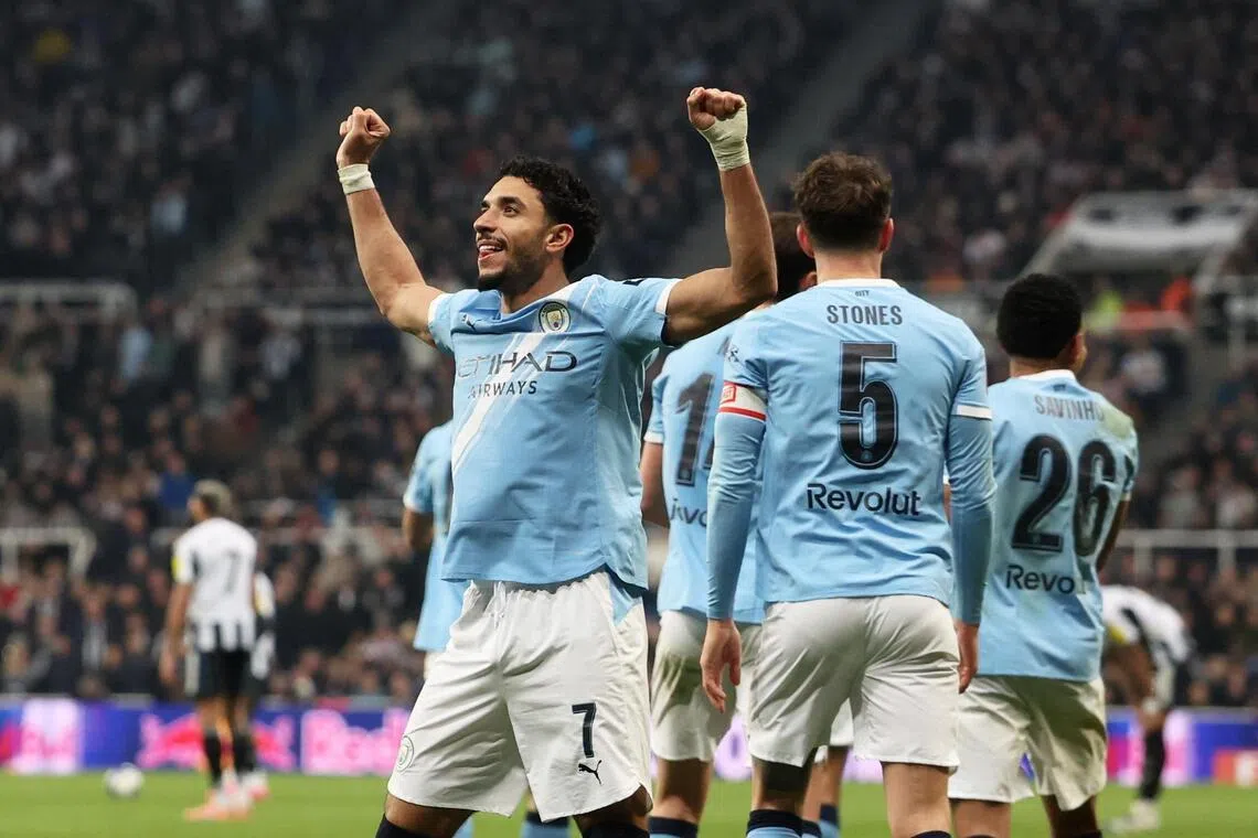 Manchester City's Omar Marmoush celebrates scoring their third goal, his second in the March 7 match against Newcastle United.