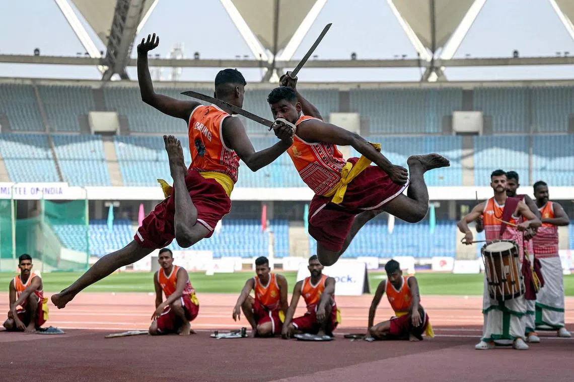 Indian Army cadets performing Kalaripayattu, a martial art, during the inaugural ceremony of the World Para Athletics Grand Prix 2025 at Jawaharlal Nehru Stadium in New Delhi on March 11, 2025. 