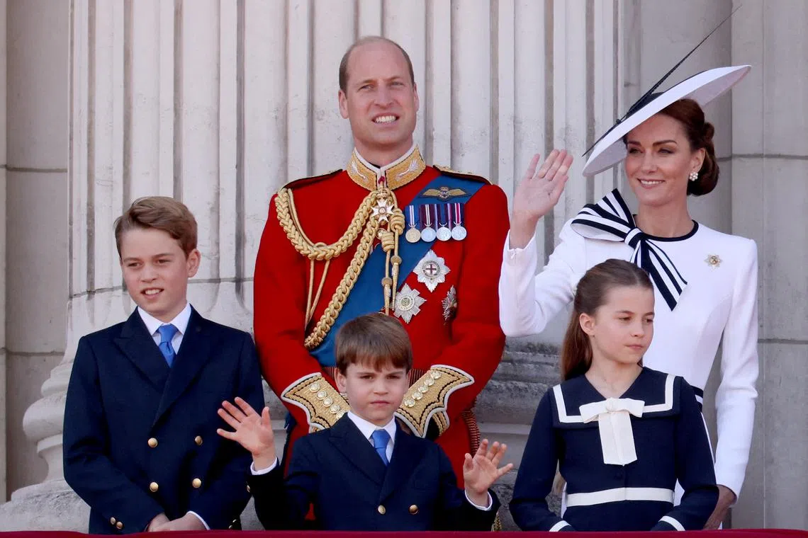 FILE PHOTO: Britain's William, Prince of Wales, Catherine, Princess of Wales, Prince George, Princess Charlotte, Prince Louis appear on the balcony of Buckingham Palace as part of the Trooping the Colour parade to honour Britain's King Charles on his official birthday in London, Britain, June 15, 2024. REUTERS/Hollie Adams/File Photo