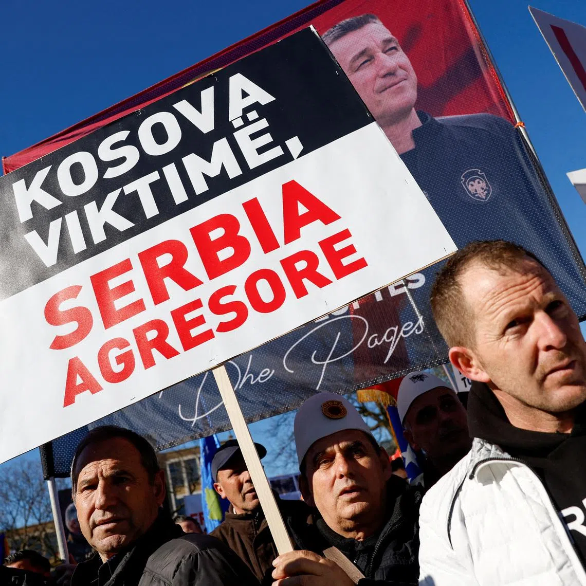 FILE PHOTO: Supporters of former Kosovo President Hashim Thaci protest on the first day of his war crimes trial in The Hague, Netherlands, April 3, 2023. REUTERS/Piroschka van de Wouw/File Photo