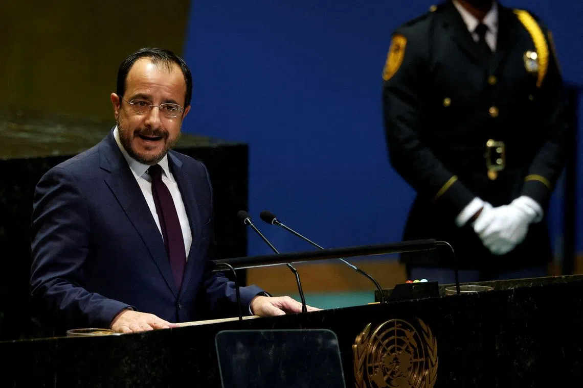 Cyprus' President Nikos Christodoulides addresses the 79th United Nations General Assembly at U.N. headquarters in New York, U.S., September 25, 2024. REUTERS/Shannon Stapleton