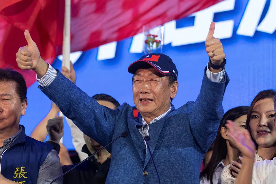 Mr Terry Gou attends a campaign rally in Kaohsiung on May 7, 2023.