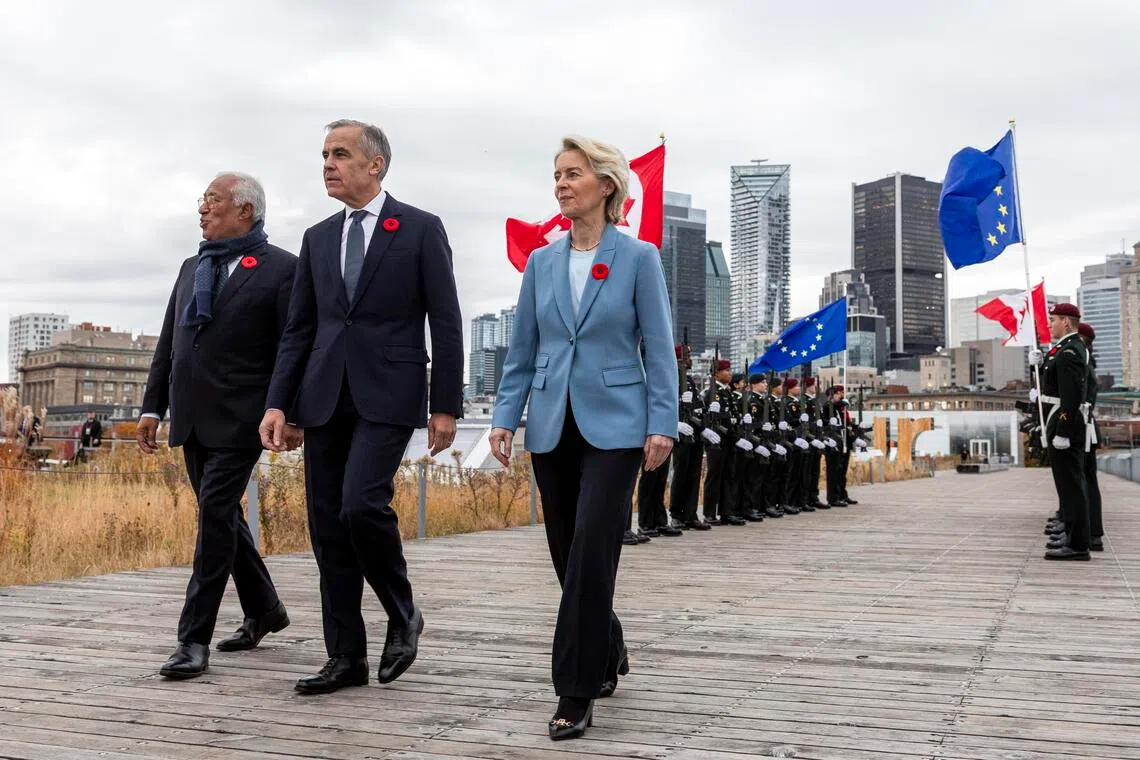 (From left) European Council President Antonio Costa, Canadian Prime Minister Mark Carney and European Commission President Ursula von der Leyen in Montreal, Canada, on the concluding day of the 21st EU-Canada Summit.