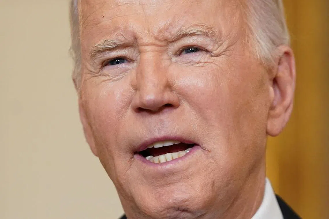 U.S. President Joe Biden speaks about the aid package for Ukraine, from the State Dining Room of the White House in Washington, D.C., U.S., February 13, 2024. REUTERS/Kevin Lamarque