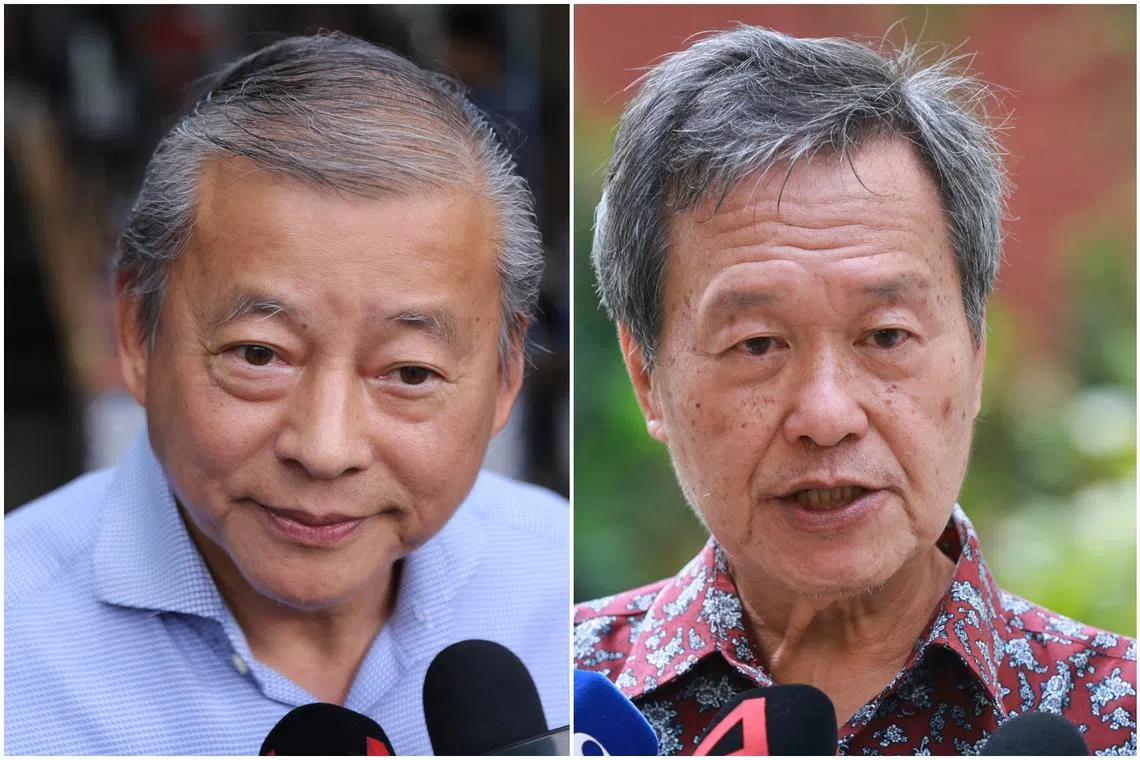 Presidential hopeful George Goh (left) said candidates should not be getting the competition to step aside, in reference to Mr Tan Kin Lian's remarks.