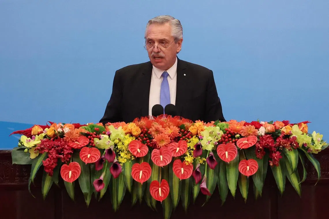 FILE PHOTO: Argentine President Alberto Fernandez speaks at the opening ceremony of the Belt and Road Forum (BRF), to mark the 10th anniversary of the Belt and Road Initiative at the Great Hall of the People in Beijing, October 18, 2023. REUTERS/Edgar Su/File Photo