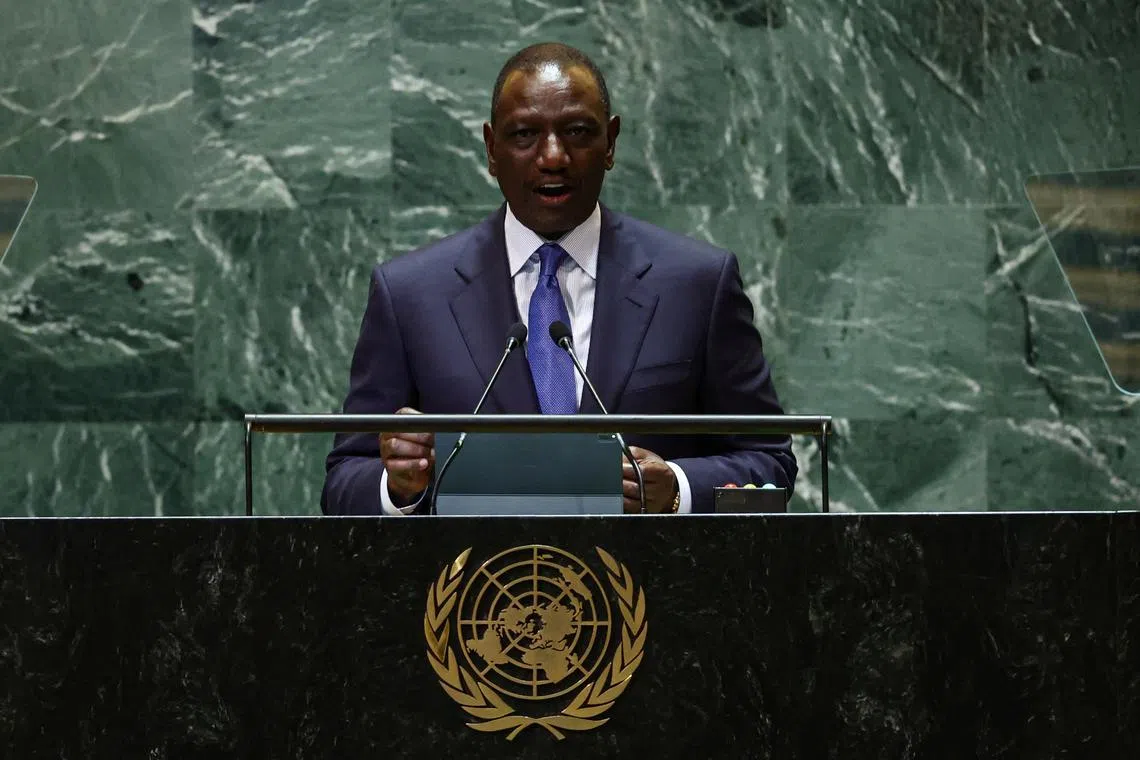 Kenya's President William Ruto addresses the 79th United Nations General Assembly at United Nations headquarters in New York, U.S., September 26, 2024. REUTERS/Brendan McDermid