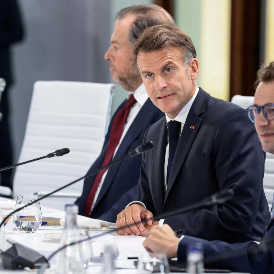 French President Emmanuel Macron and Anthropic CEO Dario Amodei attend a working lunch with G-7 leaders and global tech CEOs in Evian-les-Bains, France, on June 17.