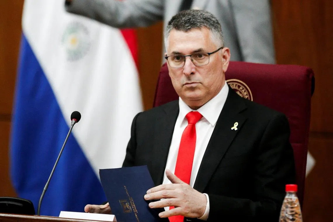FILE PHOTO: Israeli Foreign Minister Gideon Saar attends the honorary session of the Paraguayan National Congress, in Asuncion, Paraguay, November 24, 2025. REUTERS/Cesar Olmedo/File Photo