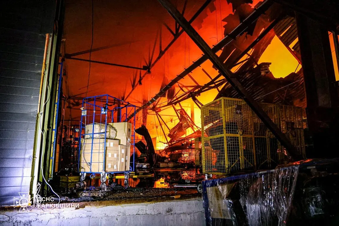 A sorting centre of Ukraine's national post hit by a Russian drone strike, amid Russia's attack on Ukraine.