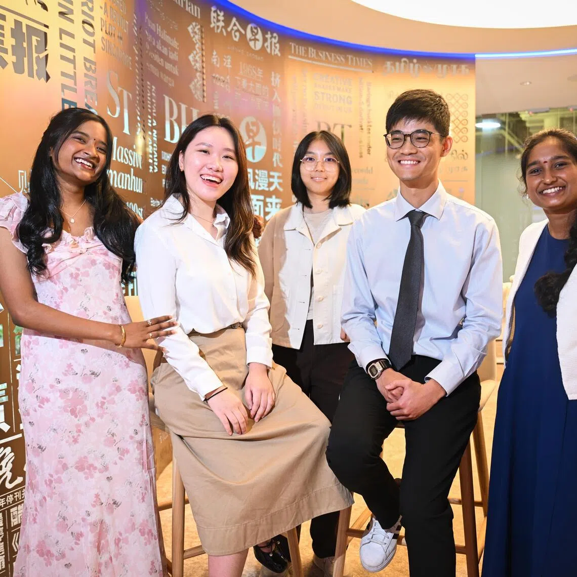 (From left) Sakthivel Shivani, Ma Qian Hui, Trina Lee Yuxuan, Quek Chui Qing and Venkatesan Vidya Laxmi at the SPH Media Scholarship Award Ceremony at the SPH News Centre on July 30.