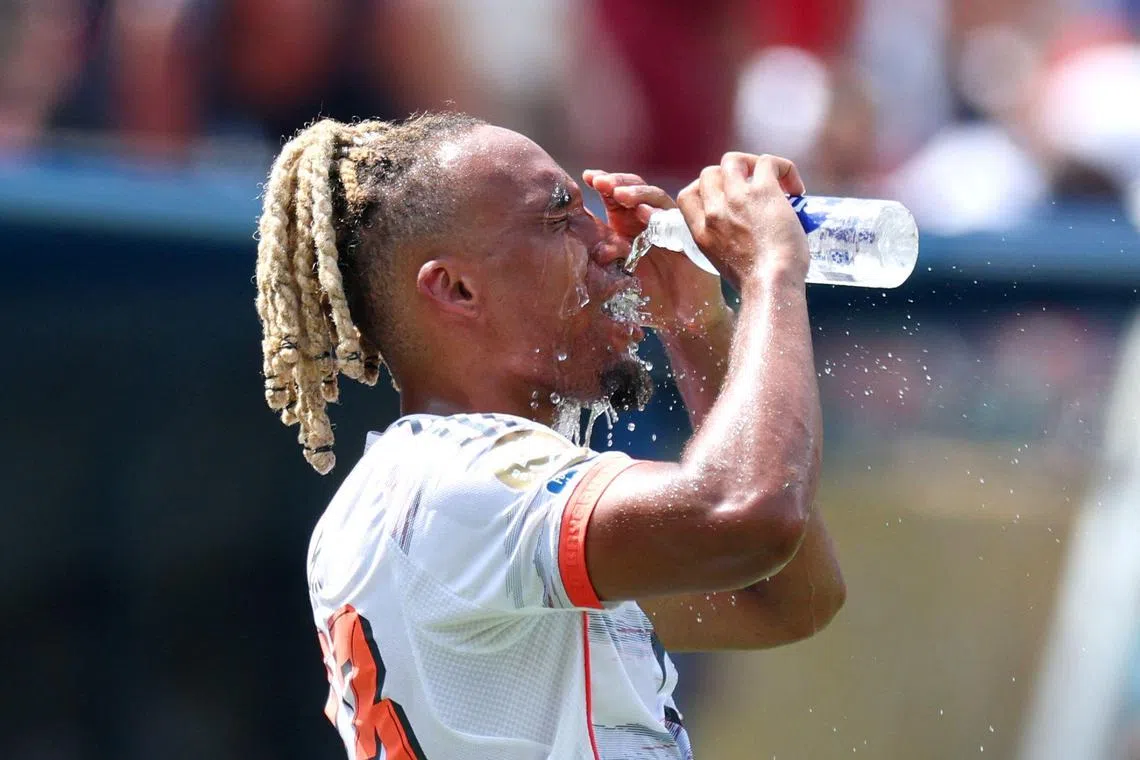 Bayern Munich's Sacha Boey taking a hydration break during a Fifa Club World Cup match in the US in June 2025.