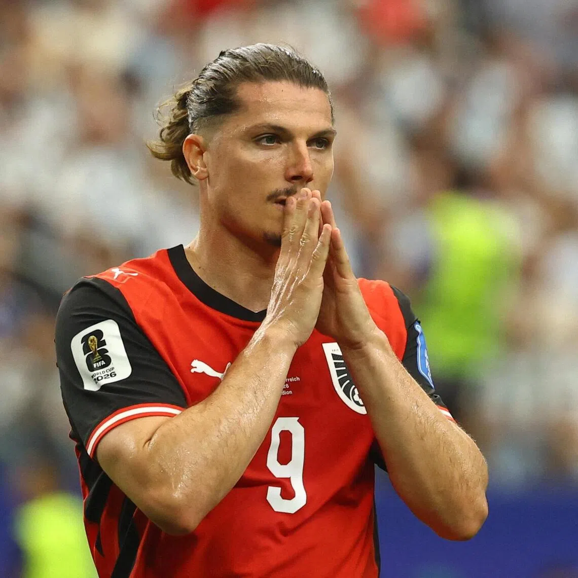 Soccer Football - FIFA World Cup 2026 - Group J - Argentina v Austria - Dallas Stadium, Arlington, Texas, U.S. - June 22, 2026
Austria's Marcel Sabitzer reacts after missing a chance to score REUTERS/Kai Pfaffenbach