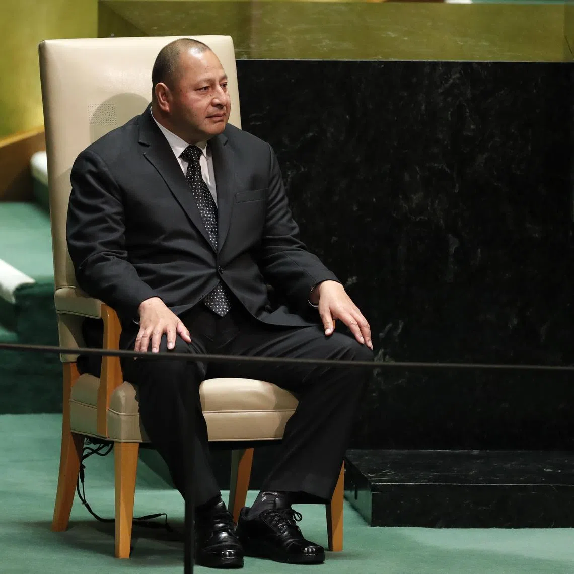 FILE PHOTO: Tonga's King Tupou VI sits before addressing the 74th session of the United Nations General Assembly at U.N. headquarters in New York City, New York, U.S., September 26, 2019. REUTERS/Lucas Jackson/File Photo