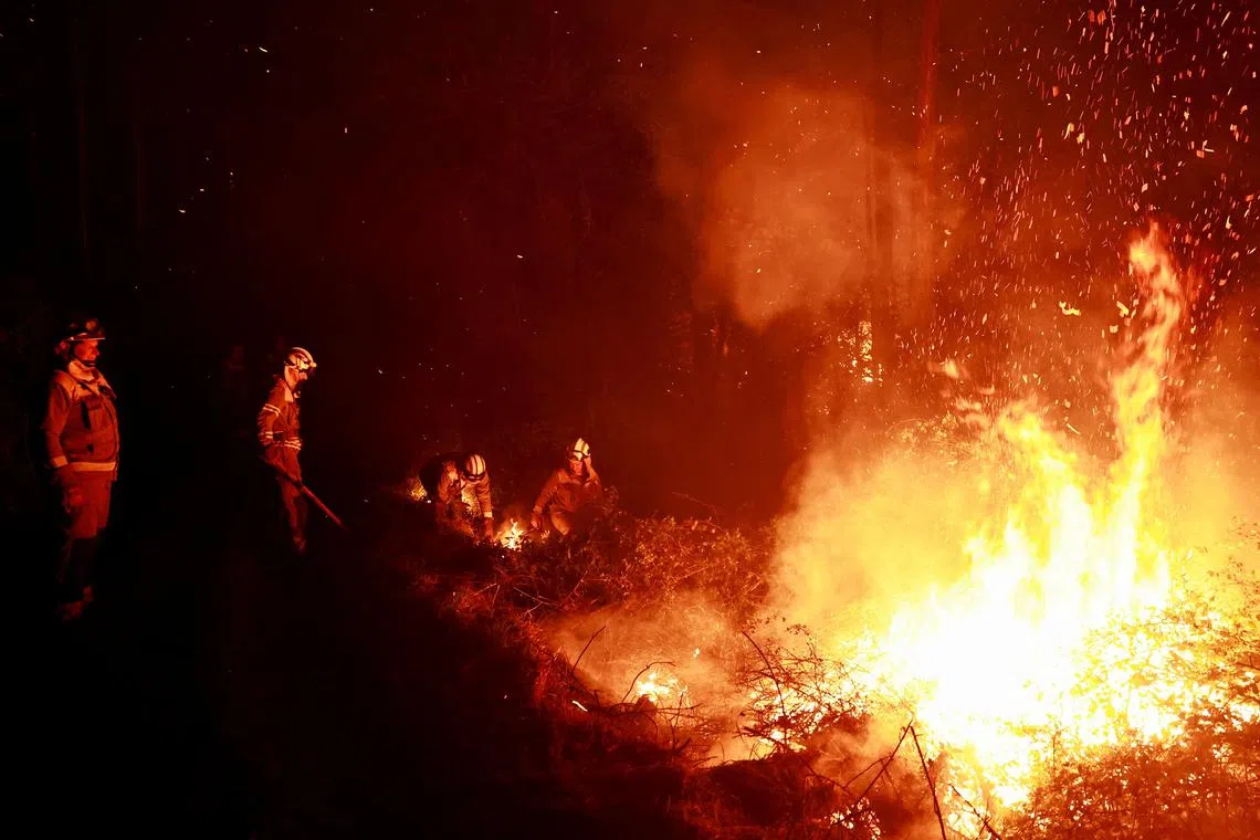Galician firefighters tackle flames in a forest during an outbreak of wildfires following a prolonged period of drought and unusually high temperatures, in Piedrafita, Asturias, Spain, March 31, 2023. REUTERS/Vincent West