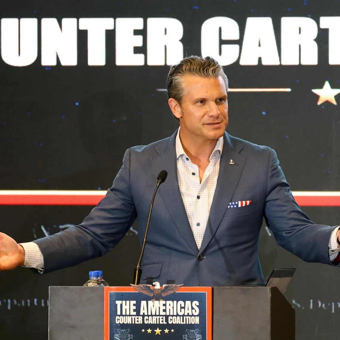 Pete Hegseth speaks during a meeting of the Coalition Against the Cartels of the Americas in Panama City on Aug 12.