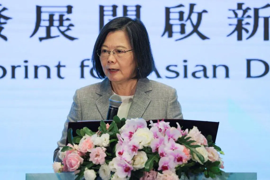 FILE PHOTO: Taiwan's President Tsai Ing-wen speaks during the Yushan Forum in Taipei, Taiwan October 11, 2023. REUTERS/Annabelle Chih/File Photo